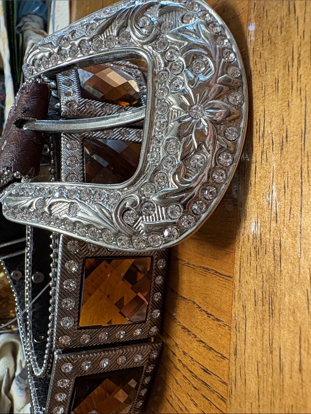 Embellished Western-Style Brown Crystal Belt with Decorative Silver Buckle